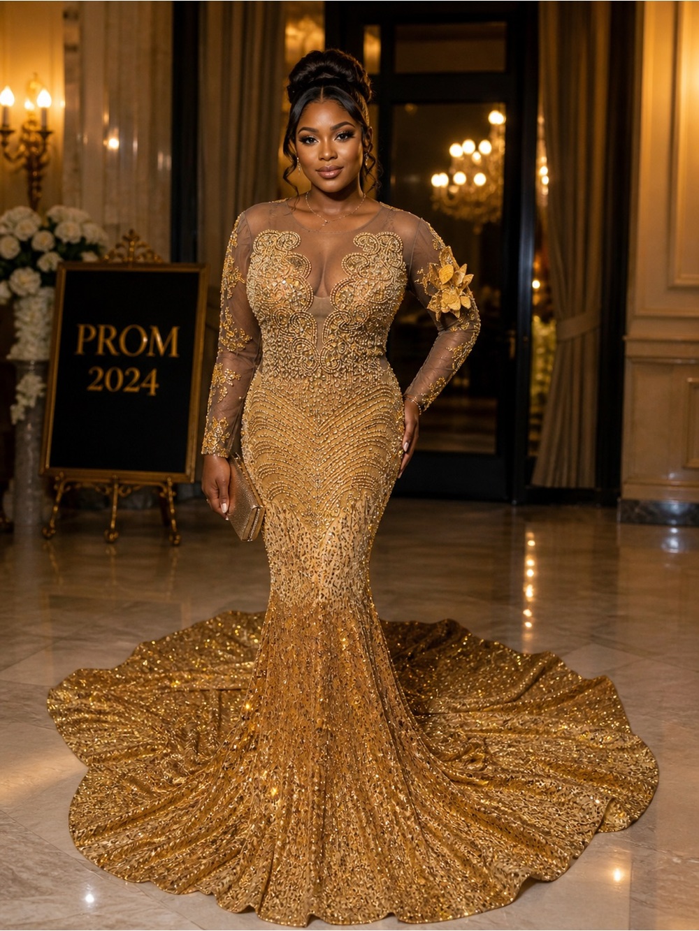 Gold Embellished Mesh Mermaid Evening Gown